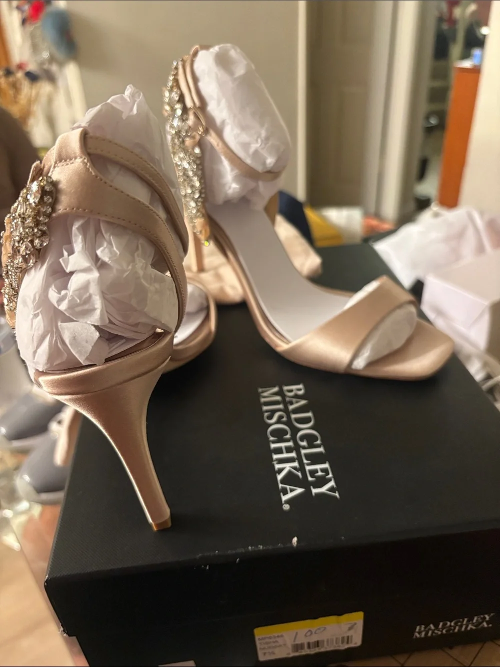 Badgley Mischka Rose Gold Crystal-Embellished Ankle-Strap Heels